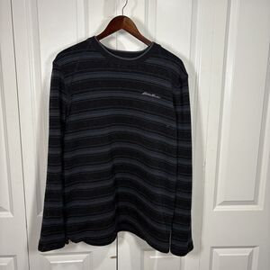 Eddie Bauer Mens Sweater L Black Gray Stripe Crewneck Pullover Casual Workwear
